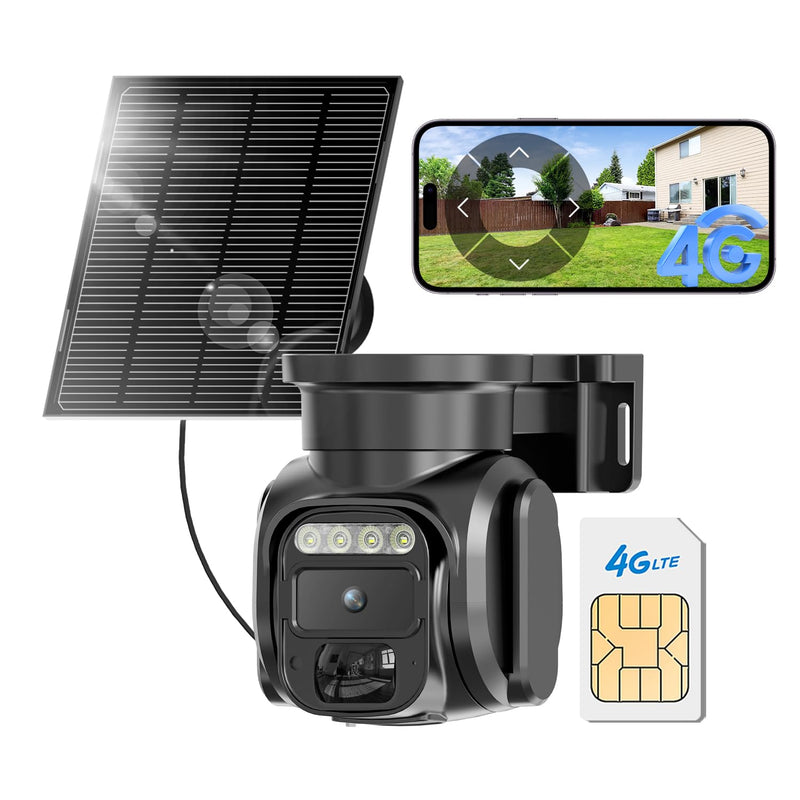 4G LTE Cellular Solar Powered Security Camera Wireless Outdoor, No WiFi Security Camera with SIM Card & Unlimited Data Plan, 2 Way Talk, 355° Live View, 2K Color Night Vision, PIR Motion Sensor