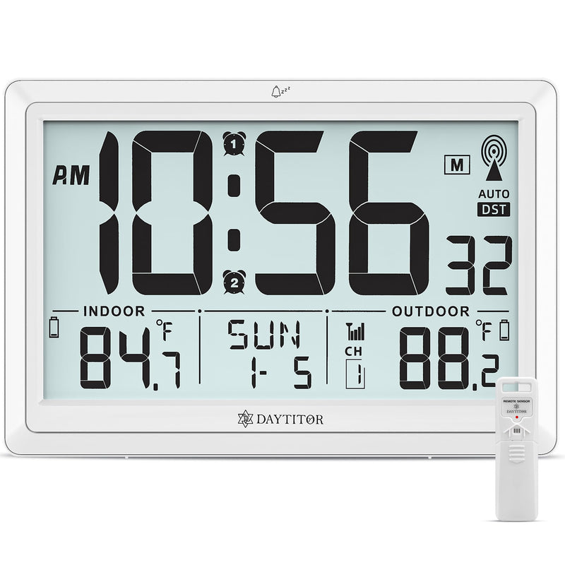 Atomic Clock Wall with Indoor/Outdoor Temp, Battery Operated Digital Wall Clock with 10.5" Large LCD Display, 330ft Range Desk Table Clock with Alarm, DST, Calendar for Living Room Bedroom, White
