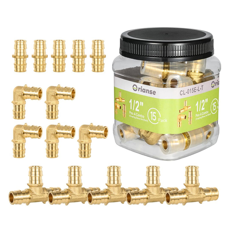 15 Pack 1/2" Pex-A Expansion Fittings Set, 5 Each Elbow Tee Coupling Heavy Duty Brass PEX-A Fittings for For Pipe-A pipe connection, NSF/ANSI 61 NSF 372 Certificate, ASTM F1960 Certified 1/2" Pex-A Coupling,Elbow,Tee (Each 5 Piece)