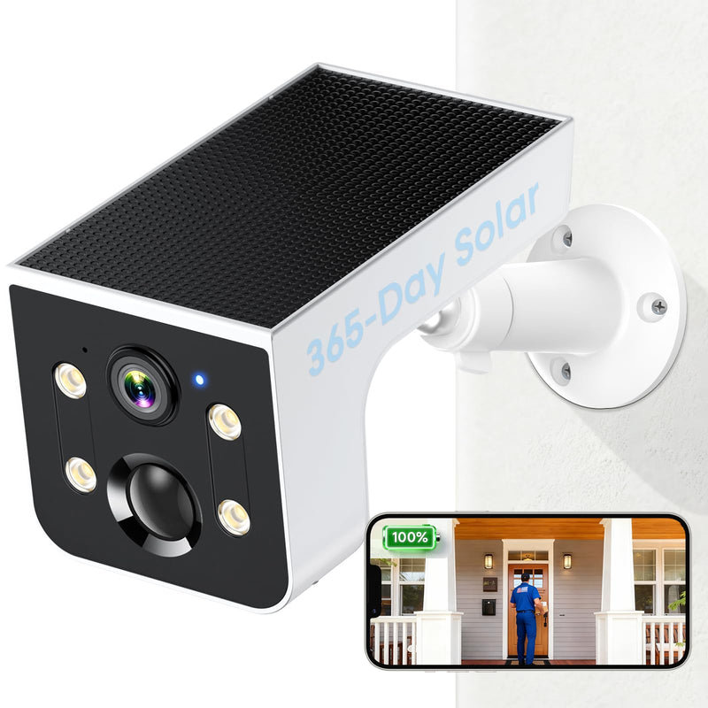 Solar Powered Outdoor Wireless Camera: 2K HD, Motion Detection, Color Night Vision, Waterproof IP67, Easy Setup for Home & Business Monitoring, No Monthly Fees White Single Pack