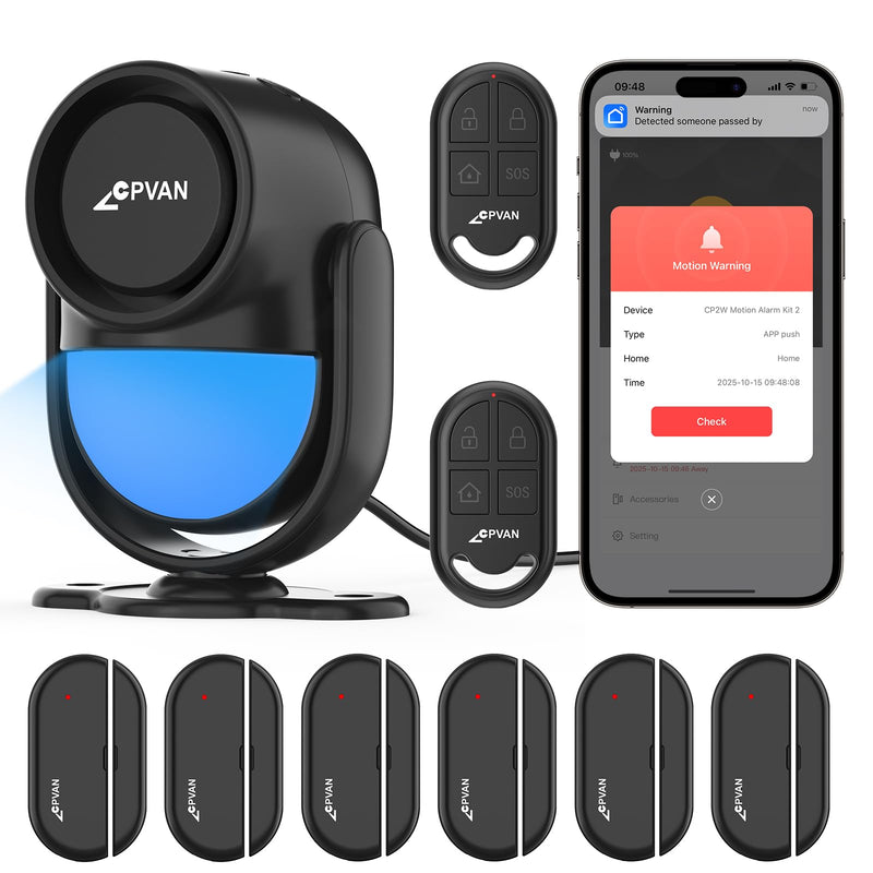 CPVAN WiFi Home Alarm System with PIR Motion Sensor, Wireless DIY Smart Motion Alarm with 6 Door/Window Sensors for Security - On Spot Alarm & APP Alert, Black Black-1+2+6
