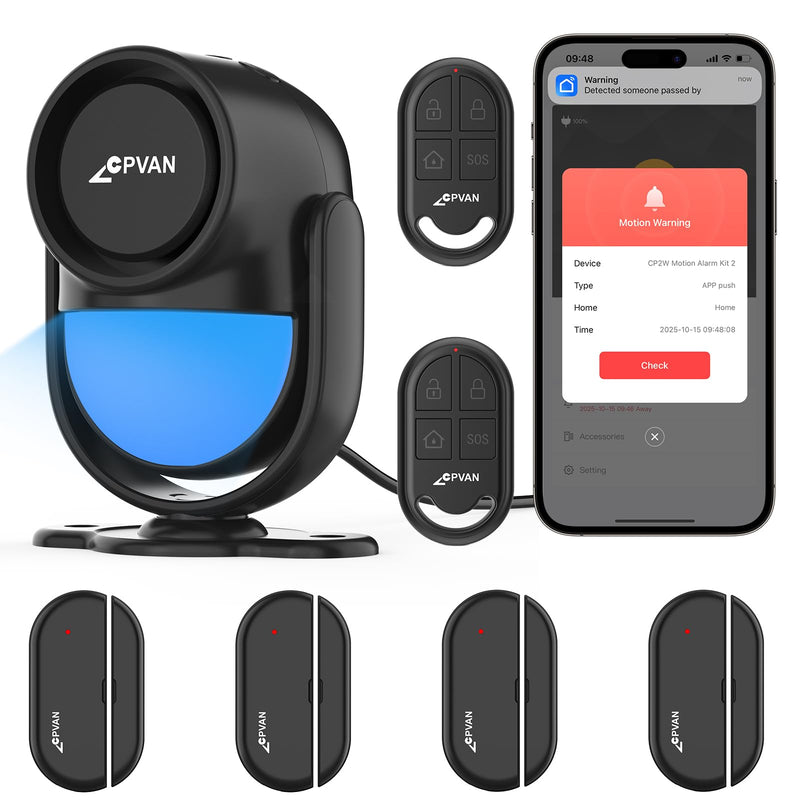 CPVAN WiFi Home Alarm System with PIR Motion Sensor, Wireless DIY Smart Motion Alarm with 4 Door/Window Sensors for Security - On Spot Alarm & APP Alert, Black Black-1+2+4