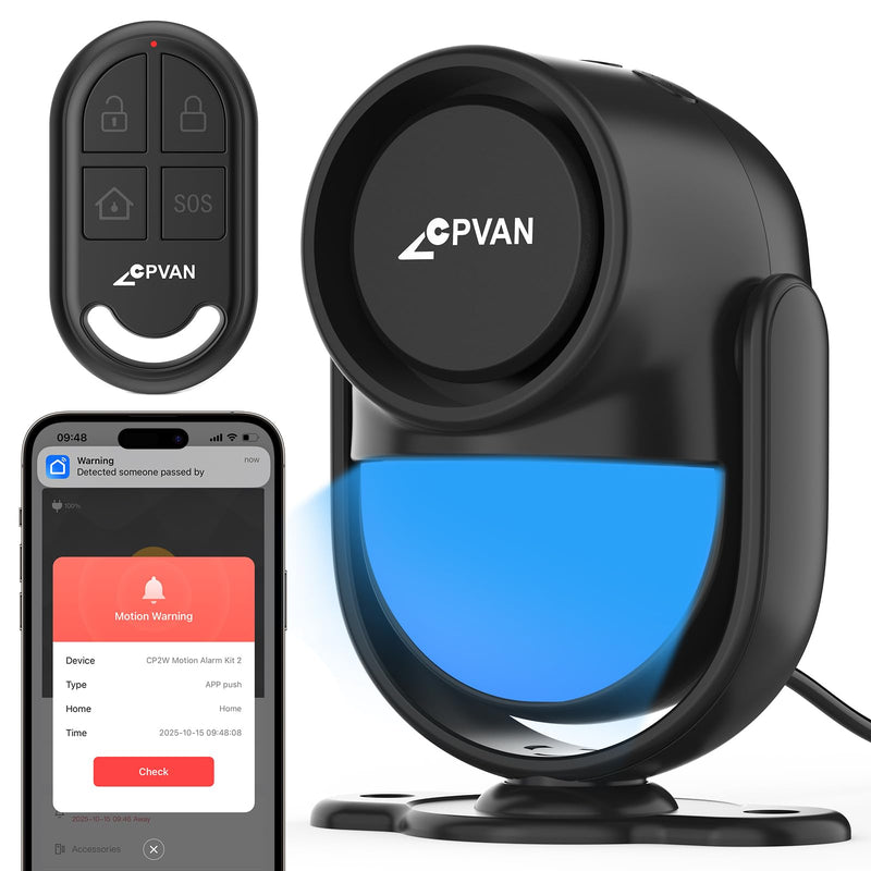 CPVAN WiFi Home Alarm System with PIR Motion Sensor, Wireless Smart Motion Detector Alarm for Security with Phone APP Alert (Indoor PIR Alarm Host, 1 Remotes), Black Black-1+1