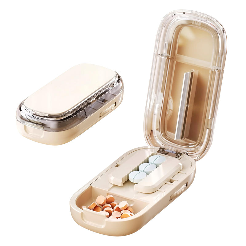 Portable Pill Cutter with Adjustable Slots – Multi Pill Splitter for Small & Large Tablets, Stainless Steel Blade, Clear Cut, Non-Slip Design, Easy to Use for Weekly Medication(Beige, 1/2) Beige