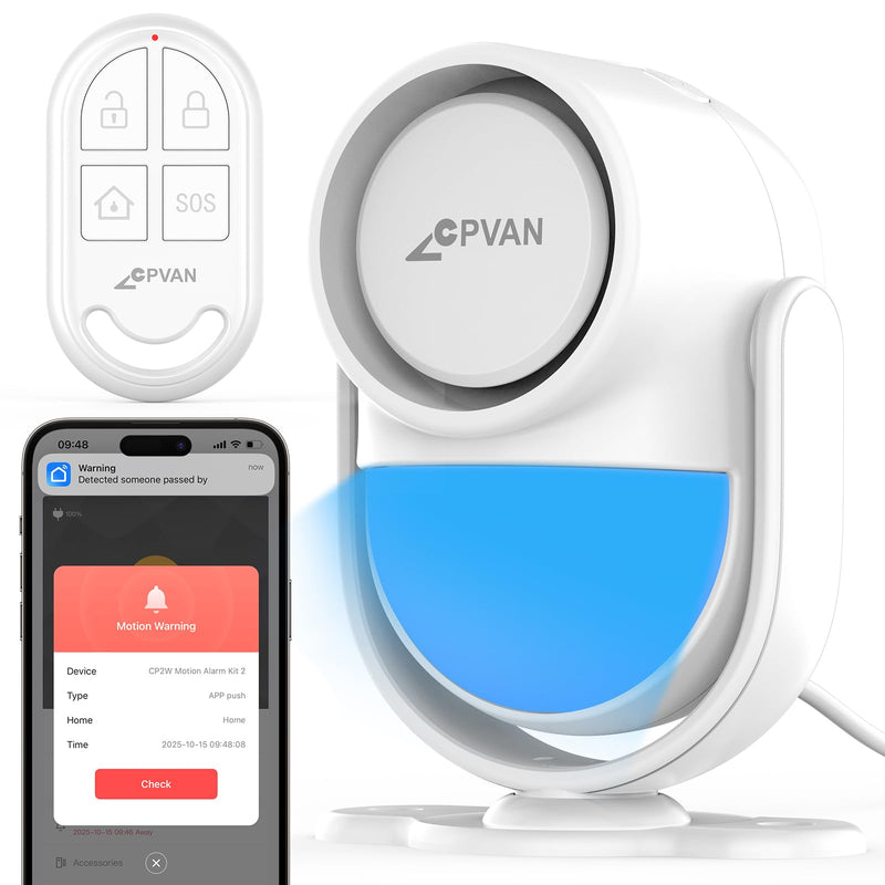 CPVAN WiFi Home Alarm System with PIR Motion Sensor, Wireless Smart Motion Detector Alarm for Security with Phone APP Alert (Indoor PIR Alarm Host, 1 Remotes), White White-1+1