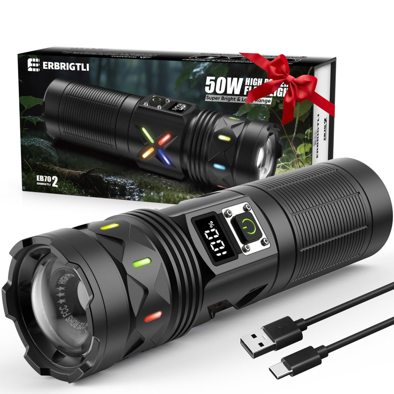 Flashlights High Lumens 100000 Rechargeable, Super Bright 50W LED, Long Running 15 Hours, USB C Input & USB Output, Zoomable 3 Modes, Powerful Strong Flash Light for Home Hiking Camping