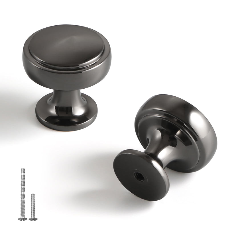 YAGU 10 Pack Polished Black Kitchen Cabinet Knobs 1.1 Inch Round Solid Dresser Drawer Knob Dark Grey Modern Hardware Bright Gunmetal Pulls for Closet Cupboard Wardrobe