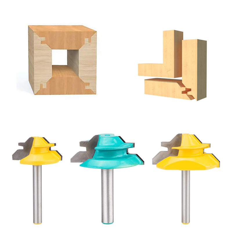 HUHAO 3PCS 45 Degree Lock Miter Router Bit Set 1/4 Inch Shank for 21/32",9/16",15/16" Cutting Height Joint Router Bits for Creating Lock Miter Joint