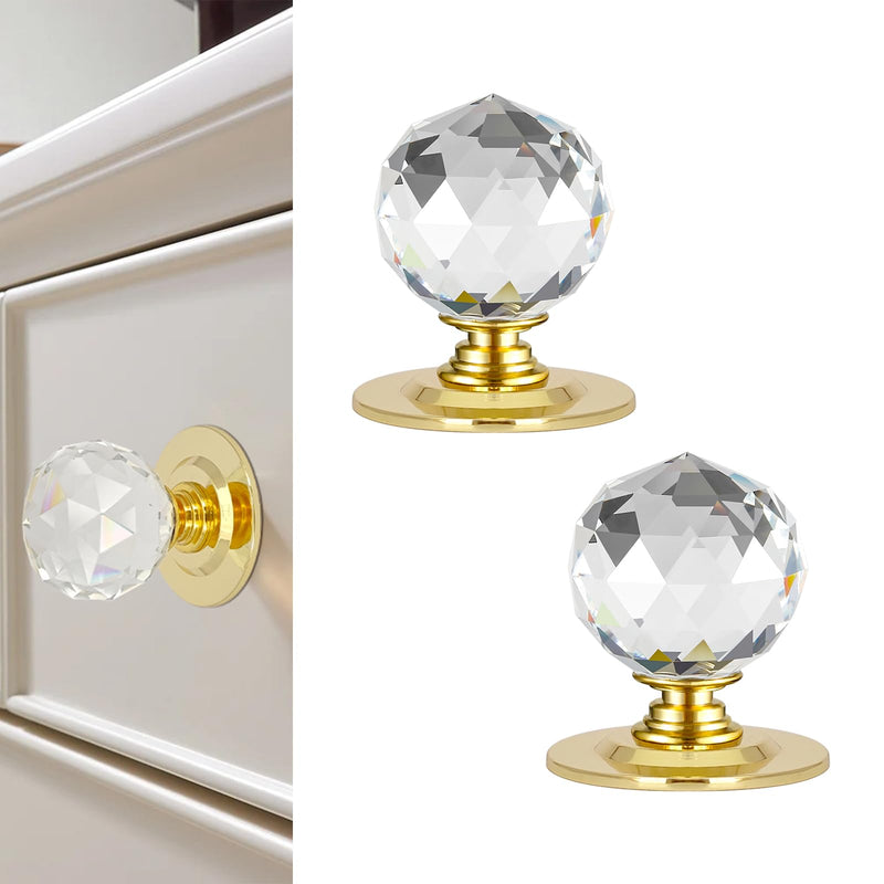 1-3/5 Inch Round Clear Crystal Self Adhesive Knobs 40mm Ball Cabinet Handles for Drawers Mirrors Cupboards Glass Sliding Doors Windows Staircase Corner Decor Peel and Stick Pulls (2, Gold) 2