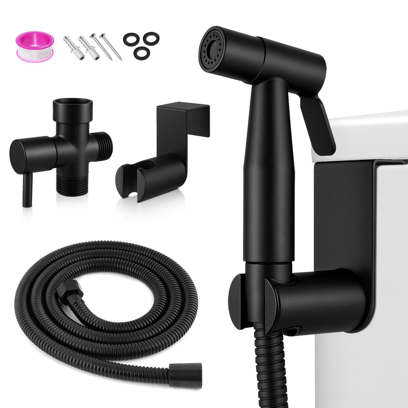 Handheld Toilet Bidet Sprayer, Water Pressure Adjustable Sprayer with Hose and 7/8 "T-Valve, Jet Spray and Soft Spray, for Toilet, Bidet, Shower etc., Stainless Steel, Black
