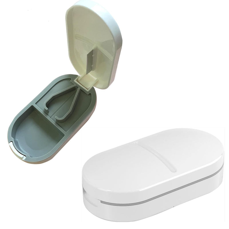 2 in 1 Pill Cutter and Splitter with Stainless Steel Blade for Cutting Small or Large Pills, Travel Mini Medicine Dispenser Box, Supplement Sorter, Fish Oil Planner, Perfect for Traveling Q-white