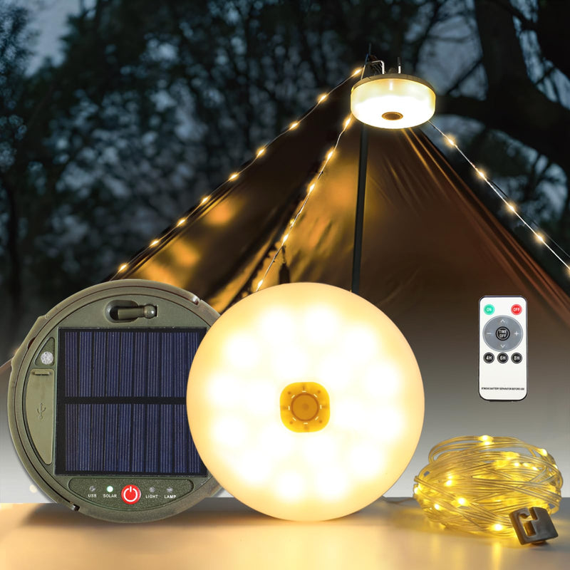 2-Pack Solar Camping String Lights, 39.4FT Portable Waterproof Camping Light with 8 Lighting Modes, Solar Powered and USB Rechargeable Tent Lantern with Remote Control for Camping, Garden and Hiking 2 Pack
