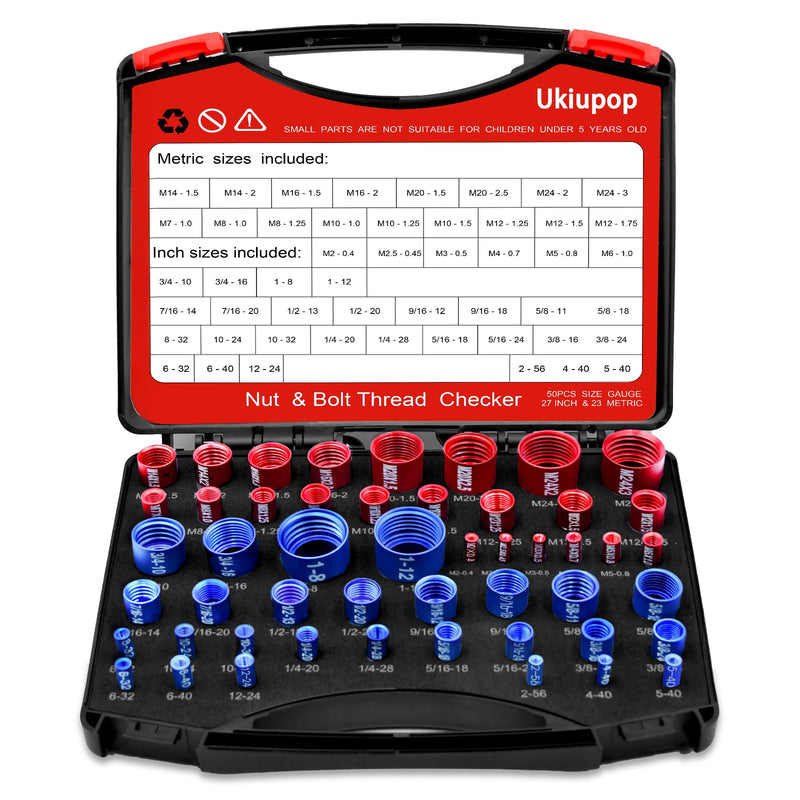 50PCS Thread Checker Kit – SAE & Metric Bolt Thread Checker, Nut & Bolt Size Finder Tool (27 SAE + 23 Metric) – Thread Gauge for Quickly Identifying Screw, Nut, and Bolt Sizes 50