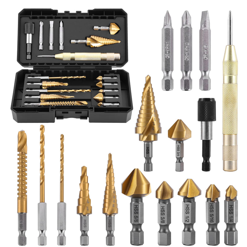 17-Piece Hex Shank Drill Bit Set, HSS Step, Countersink, Twist, Screwdriver & Punch Bits with Storage Case, for Metal/Wood/Plastic, DIY Gift for Homeowner & DIYer