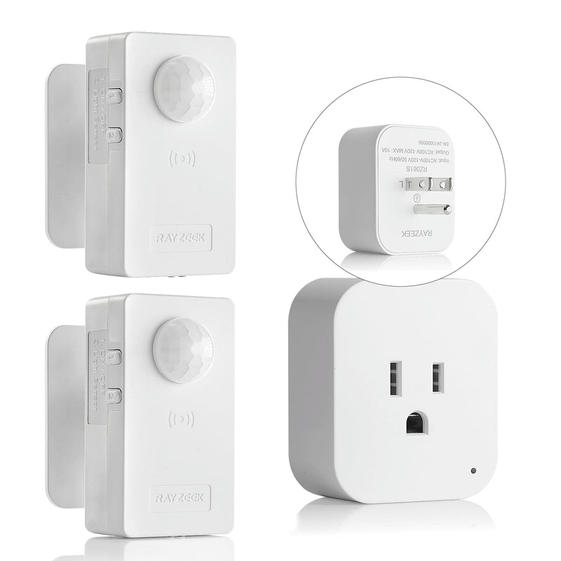 RAYZEEK Wireless Motion Sensor Control Outlet with Light Sensor,No WiFi/No APP, 2 PIR Sensor Switch Control 1 Plug for Christmas Tree Lights,Fans,Household Appliances,10A/1100W 2 Motion Sensor+plug