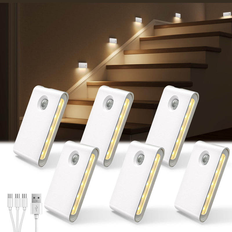 EZVALO 6 Pack Motion Sensor Night Lights, Sync LED Stair Lights Indoor, 1500mAh Rechargeable, Magnetic & Dimmable, 3000K Soft White, Portable Nightlight for Hallway, Stairs, Bathroom, Bedroom 6pack