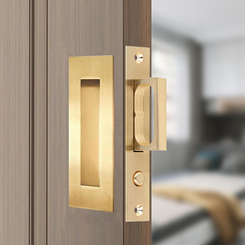 Pocket Door Hardware,Recessed Finger Flush Pulls with Edge Pull,Sliding Pocket Door Handles,Heavy Duty Edge Pull with Pop Out Ring Pull (Gold, 4.72Inch) 4.72inch-Gold