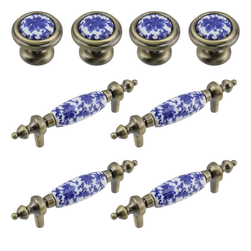 T Tulead Ceramic Drawer Knobs 1.26"×1.06", Cabinet Handle Pulls 3" Hole Centers, Blue and White Porcelain Pulls Handles Knobs Sets, Zinc Alloy Base, 4 Sets with Screws