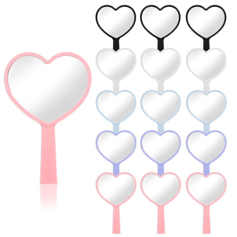15 Pcs Heart Shaped Handheld Mirror Small Travel Makeup Mirrors with Handle Mini Heart Bulk Plastic Cosmetic Gift for Women (Bright Color)