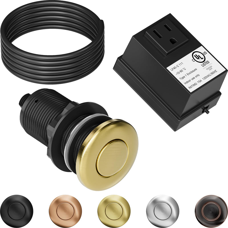 Garbage Disposal Air Switch Kit Sink Top Waste Disposal Long Stainless Steel Black On/Off Air Button Food and Waste Disposals Part, UL Listed Brushed Gold LONG/3.6"