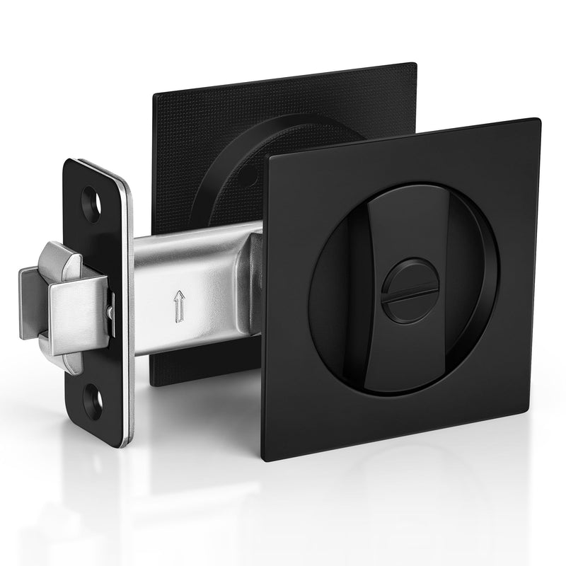 Pocket Door Lock, Pocket Door Hardware, Matte Black Privacy Lock with Edge Pulls for Bath, Bed, Kitchen, Fits 1-7/32” to 2” Thickness Door, 2-3/8" Backset