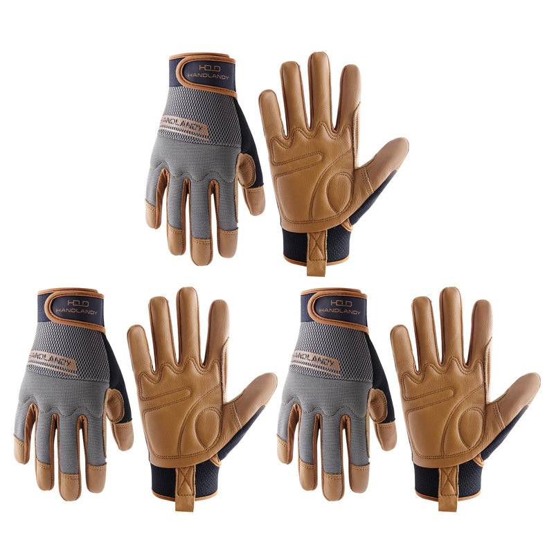 HANDLANDY Leather Work Gloves Mens & Women, Utility Safety Mechanic Working Gloves Touch Screen, Flexible Breathable Yard Work Gloves (Large, Brown-Cowhide Palm, Pack of 3) Large (Pack of 3)