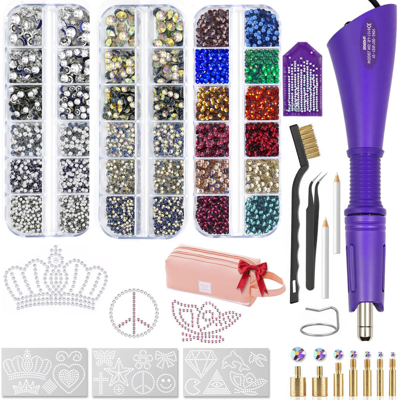 Hotfix Rhinestones Applicator Kit Set 4500 Pcs Crystals (White/AB/Multi-Color) - Bedazzler DIY Craft Includes 19 Pattern Templates, Tweezers, Brush, Storage Bag - for Clothes, Fabric, Jeans (Purple) Purple