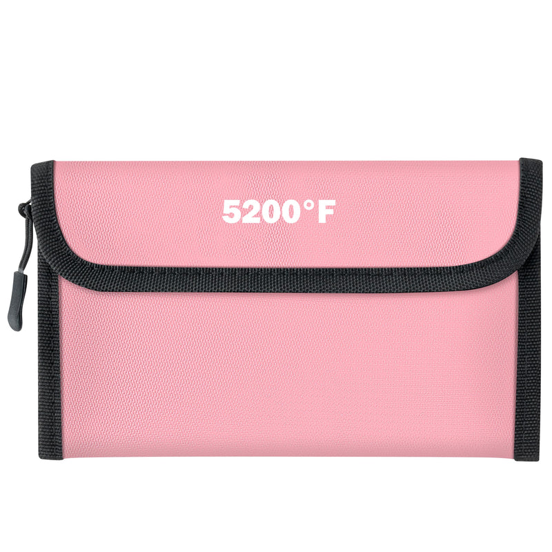 Fireproof Waterproof Document Bag - 5200°F Water Resistant Fire Proof Money Bag, 3 Layers of Heat Insulated Storage with Zipper, 7.9"x5" Portable Files Safe Pouch for Cash Passport (Pink) 7.9"x5" 5200℉ Pink