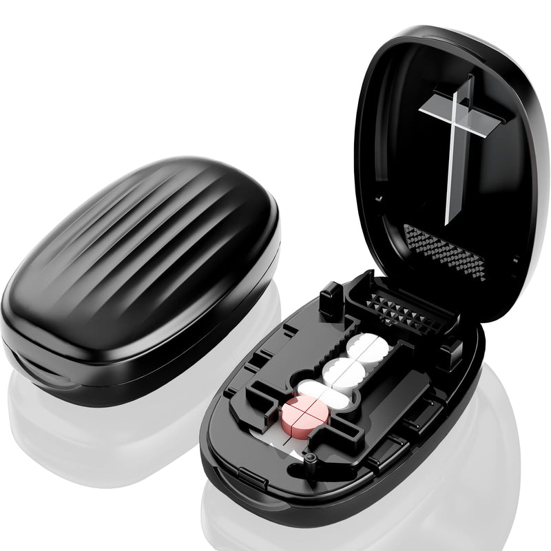 Pill Cutter Splitter for Small and Tiny Pills, 1/2 1/4 Pill Splitter for Small Pills,Vitamins, Tablets in Half or Quarters, Accurate and Easy Cutting, Stainless Steel Blade, Back Storage (Black) Black