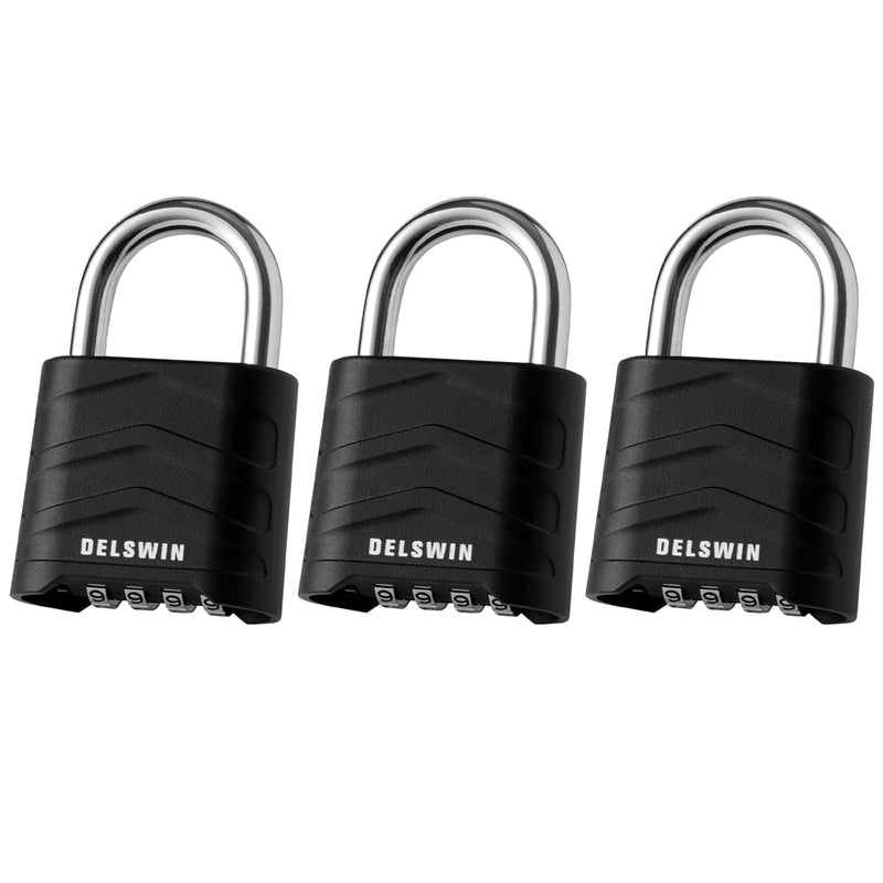 DELSWIN 3 Pack Large Combination Padlock - 4 Digit Resettable Combo Lock with Hardened Steel Shackle, Security Aluminum Body, Weatherproof Combination Lock for Gym Locker, Gate, Shed, Fence, School Black, 3 Pack