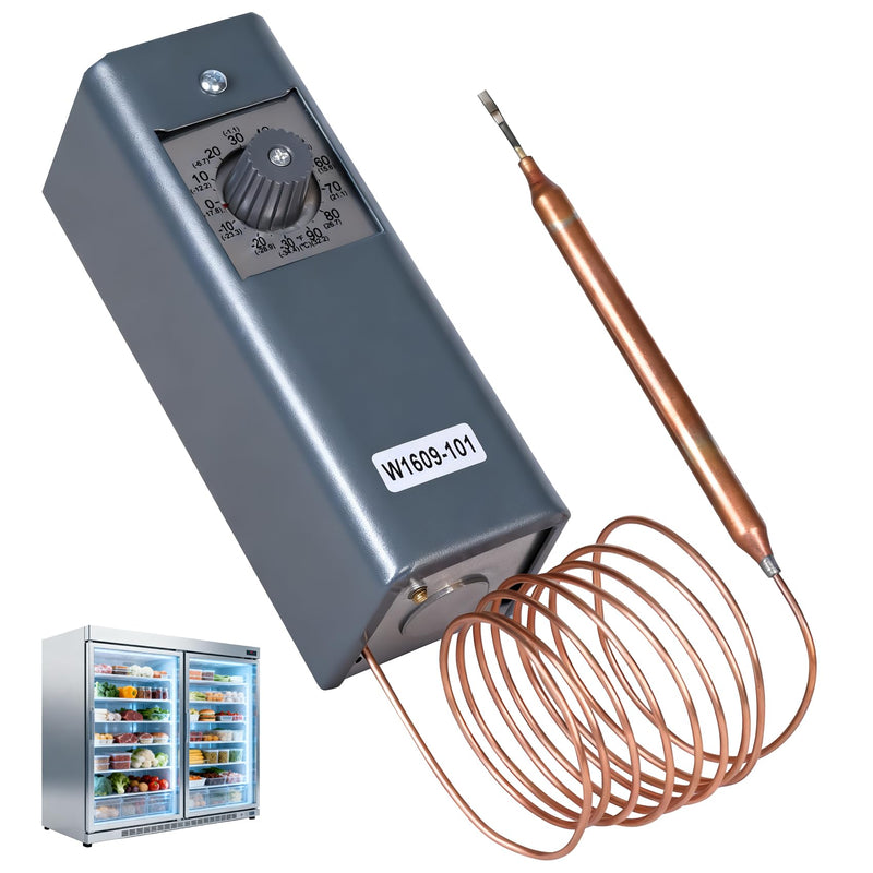 W1609-101 Refrigeration Thermostat Temperature Controller Remote Control Bulb TH-1609, 5FT Capillary Length, -30 to +90 Degrees Fahrenheit, -34 to +32 Degrees Celsius, °C and °F Dual Temperature dial