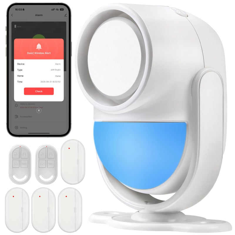 Motion Sensor Alarm - Driveway Alarm with 4 Door Window Sensors and 2 Remotes, with APP Alerts WiFi PIR Motion System Detector, for Home, Garage, Ranch, Van, Carport, Shop , 120dB Extra Loud White