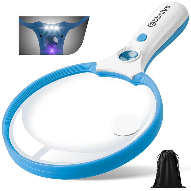 Large Magnifying Glass with Light, Magnifier Handheld Illuminated Lighted Magnifier with 3 LED Lights 1UV Light Storage Bag Clean Cloth for Seniors Reading Inspection (Blue) Blue