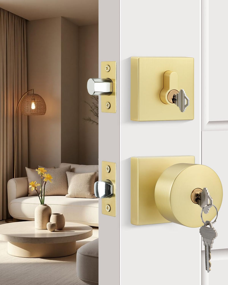 Goldenwarm Gold Exterior Door Knob with Deadbolt, Heavy Duty Front Door Knob and Deadbolt Set, Keyed Alike Brushed Gold Exterior Door Lock Set - Single Cylinder, Zinc-Alloy 1 Pack