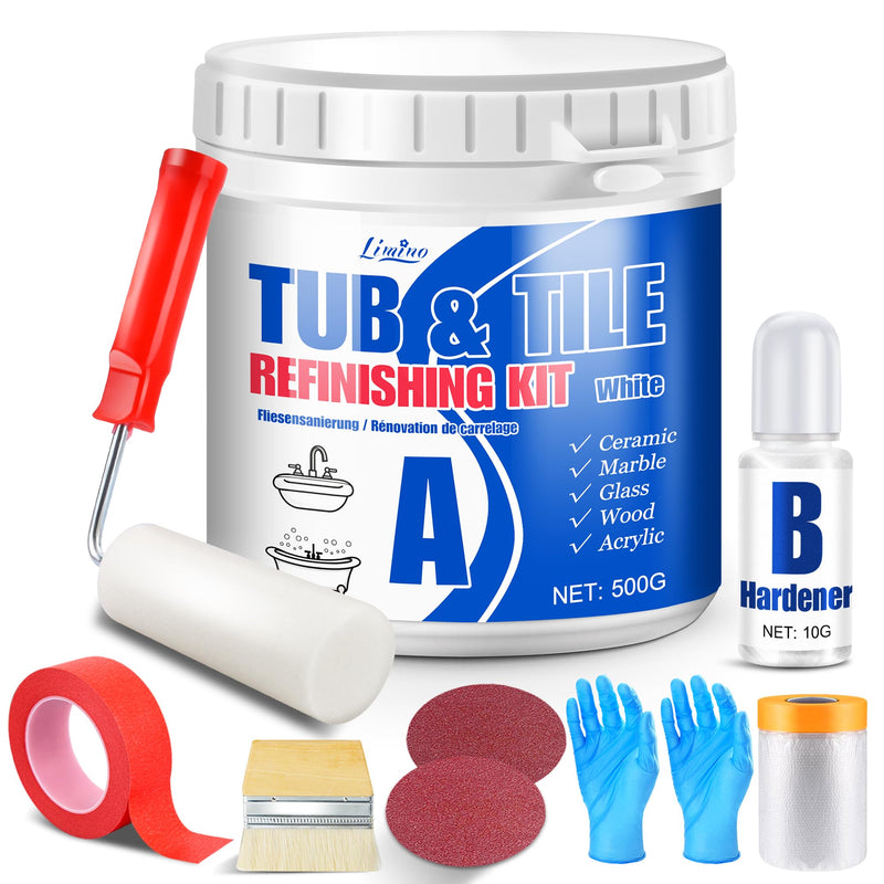 Tub and Tile Refinishing Kit - 17oz Semi-Gloss White Tile Paint with Tools for Bathtub Sink Countertop for Bathroom Kitchen, Bathtub Paint for Ceramic, Porcelain Fiberglass, Low Odor, 25-30 sq.ft 17 Fl Oz (Pack of 1)
