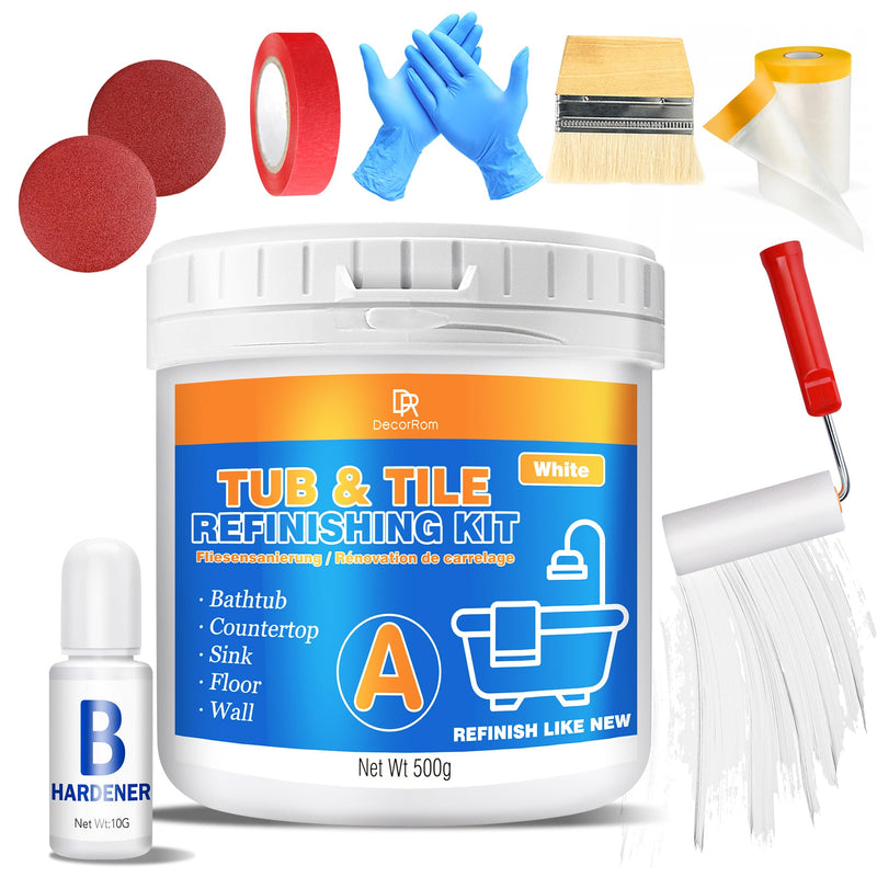 Tub and Tile Refinishing Kit, 18oz Tile Paint Bathtub Paint White for DIY Bathroom Resurfacing, Ceramic/Porcelain Tiles, Glass and Marble Sinks Waterproof, Scratch Resistant, Low Odor with Tools 18 Fl Oz (Pack of 1)