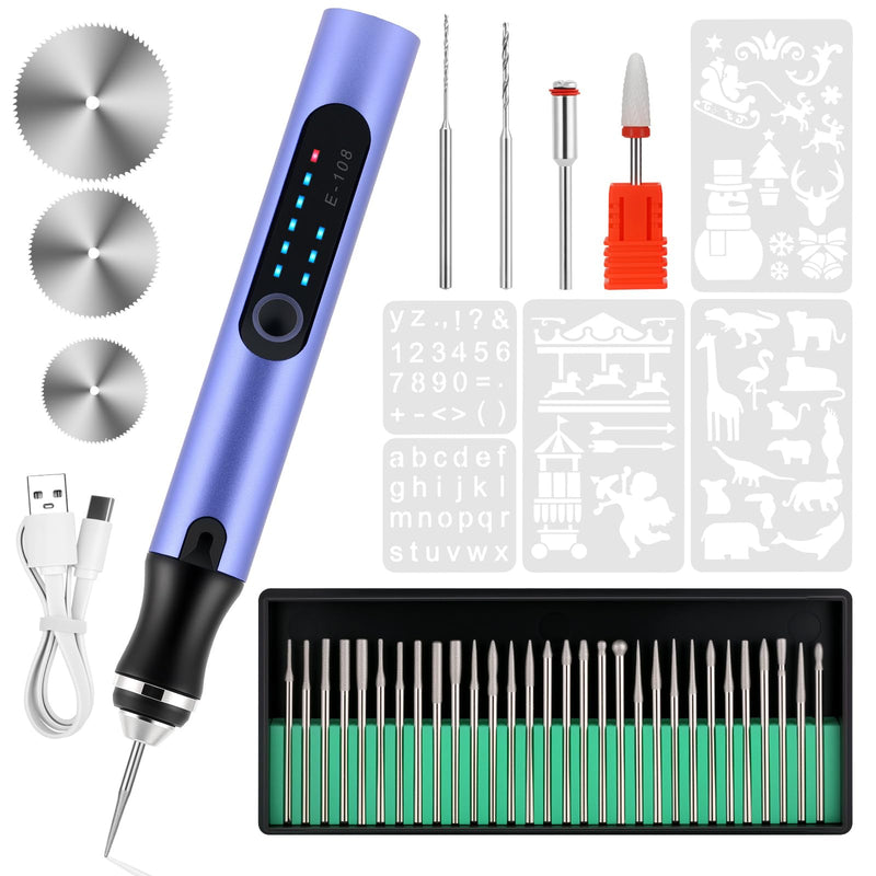 Electric Engraving Pen with 37 Bits, USB Rechargeable Cordless Etching Engraving Tool, Portable DIY Rotary Engraver for Jewelry Wood Glass Stone Carving (Purple) Purple