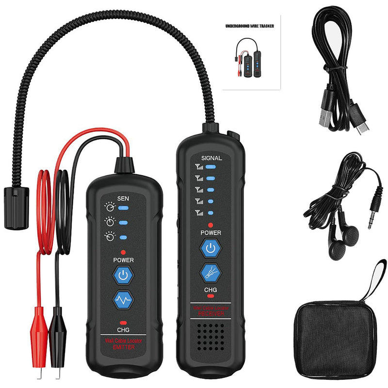 Underground Wire Locator and Cable Tracker Kit, Dog Fence Wire Break Locator Buried Wire Locators Professional Wire Finder with Signal Detector, Carrying Case and Accessories