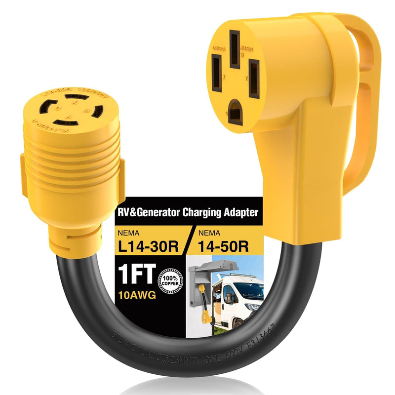 30 Amp RV Generator Adapter Cord, NEMA L14-30R Twist Lock Female to 14-50R Female with Grip Handle, 10AWG, 1.5FT, Heavy-Duty 4C STW Extension for RV, Camper, Trailer, and EV Charger