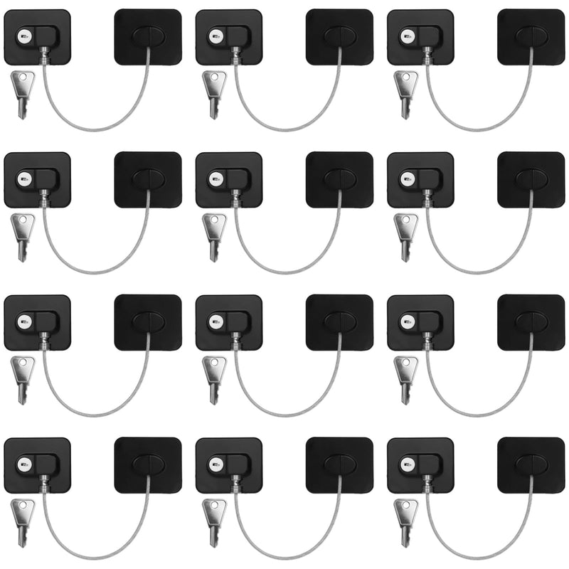 12 PCS Refrigerator Lock with 12 Keys, Adhesive Fridge Locks with Steel Wire, Safety Locks for Freezer, Cabinet, File Drawer, Closet, Kitchen Appliance, Furniture(Black Black