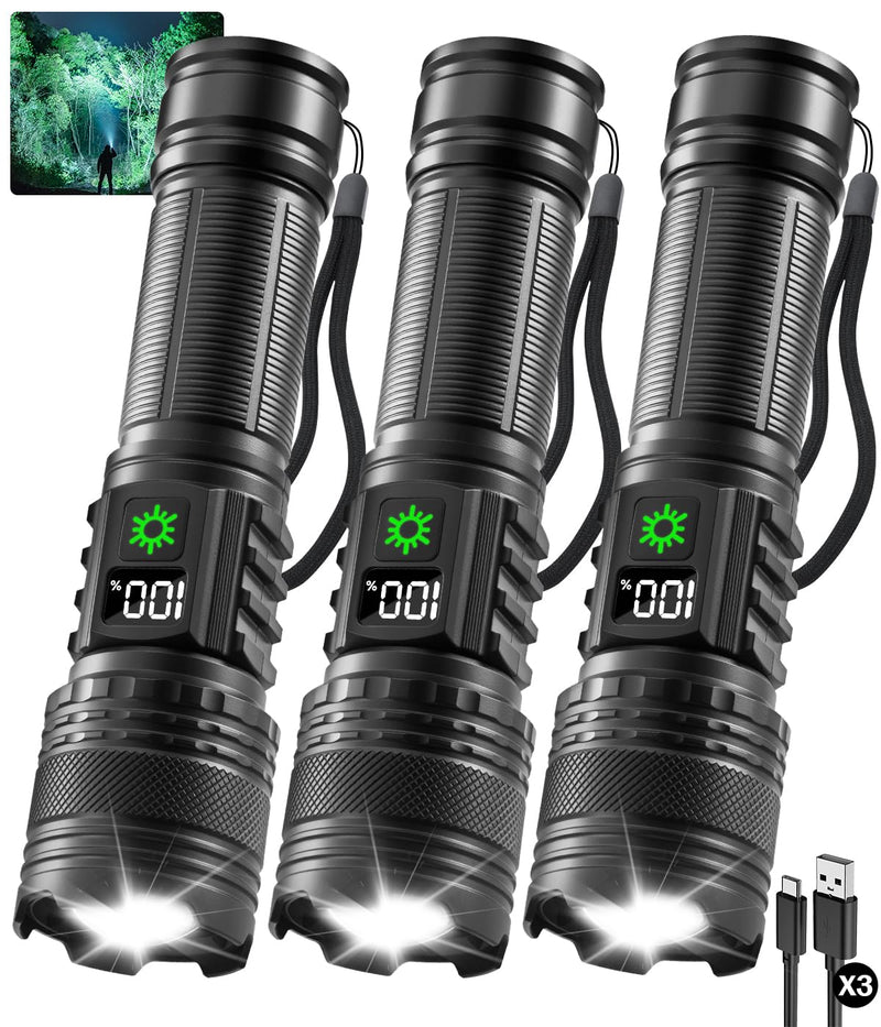 3Pack Rechargeable Flashlights High Lumens 9900FL, LED Flashlight Rechargeable with LCD Digital Display, 5Modes Adjustable Flash Light, Super Bright Flashlight Powerful, Tactical Flashlights for Home 3Pack