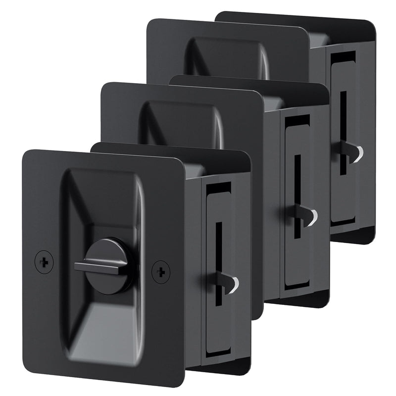 Matte Black Pocket Door Lock, 3-Pack Privacy Pocket Door Hardware, Pocket Door Handles, Pocket Door Lock Latch with Pull, 2-3/4’’x2-1/2’’, for 1.38’’-1.77’’ Thickness Door