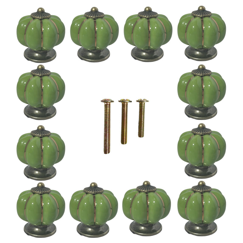 Ceramic Pumpkin Cabinet Knobs, Green Vintage Drawer Knobs for Vanity, Closet, Cupboard, Green Knobs 12pcs