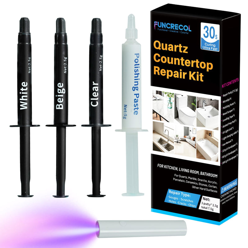 Quartz Countertop Repair Kit (Clear, White, Beige) Granite & Marble Repair Kit, 30s Quick-Drying Repair Chip for Edge Chips, Cracks, Scratches and Holes on Ceramic Tile, Bath Tub, Sink and Other Stone Surfaces - Pro Surface Repair 0.09 Fl Oz (Pack of 3)