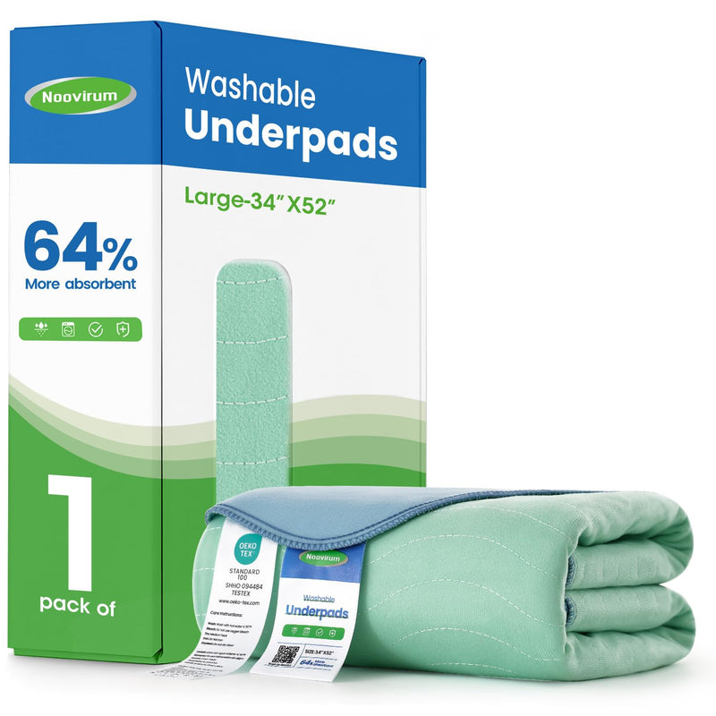 Noovirum® Washable Underpads,34"x52"(Pack of 1) Reusable Incontinence Pads for Kids, Adults, Elderly, Pets - Waterproof Protective Pad for Bed, Couch, Sofa, Furniture, Floor 1 Pack - 34x52