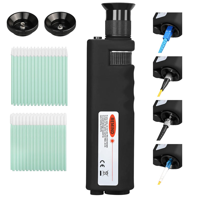 3-piece Fiber Optic Cleaning Tool 400X Fiber Optic Microscope with 2.5mm SC/FC/ST and 1.25mm LC adapters, Belt 2.5mm/1.25mm Fiber Optic Cleaning Cotton Swab Suitable for SC/FC/ST/LC/MU adapters