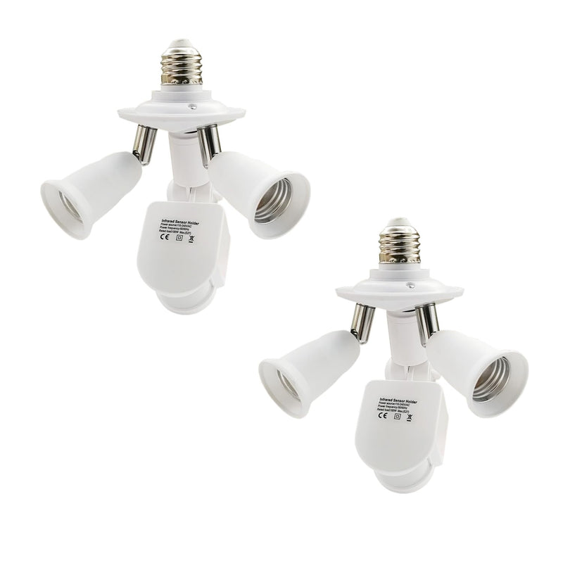 Motion Sensor Light Socket Splitter Adapter,2 in 1 Light Socket Extender with Adjustable Arms,360 Degree Rotatable 180 Degree Bendable,Auto Lights Motion Detector Indoor for Porch,Garage(2 Pack)