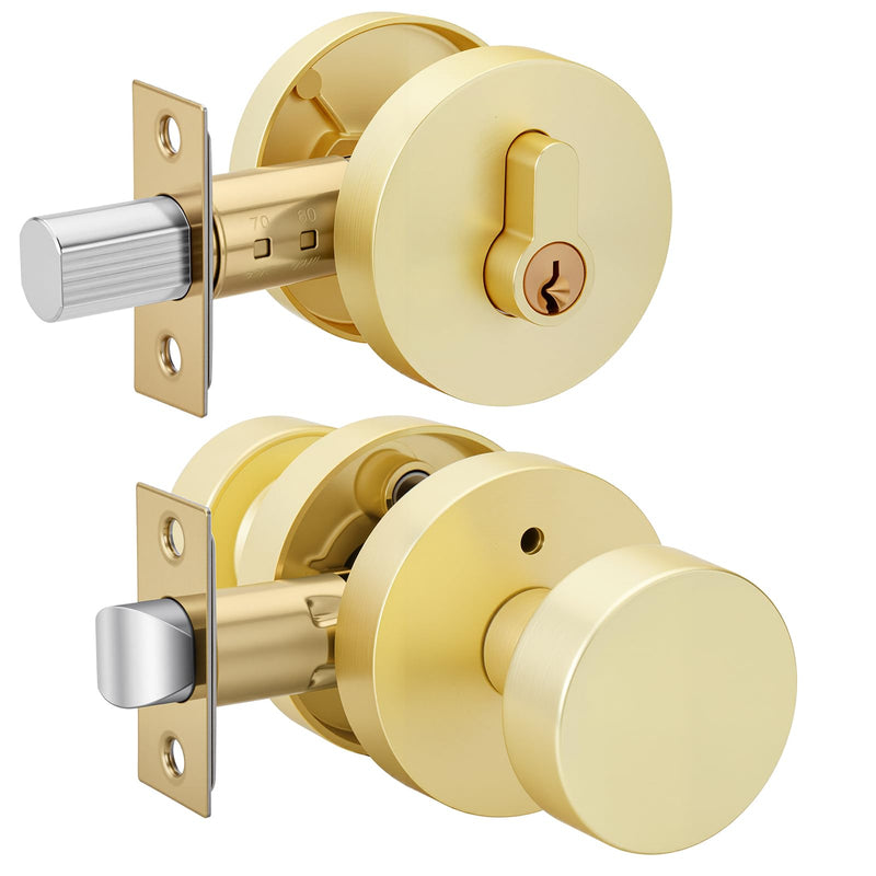 Goldenwarm 1 Pack Gold Door Knob with Deadbolt, Exterior Front Brass Door Knobs and Single Cylinder Deadbolt, Brushed Gold Front Door Locks Set - Zinc Alloy Heavy Dut