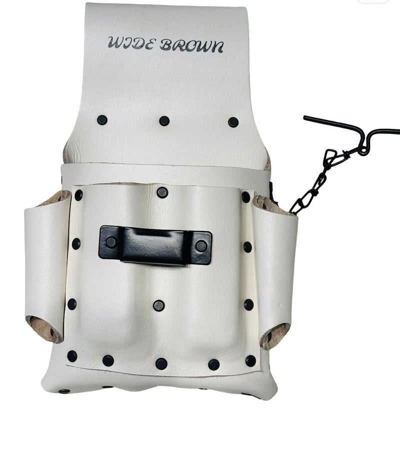 Wide Brown Leather Electrician Tool Pouch, 5 Pocket Design with Tape Holder, Heavy Duty Pigmented Construction, Anti-Rust Rivets WHITE