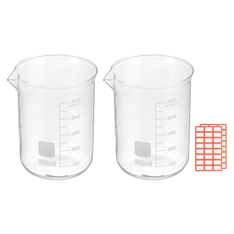 PATIKIL 800ml Glass Beaker, 2 Pack Measuring Glass Beaker Graduated Borosilicate Lab Cups Mug Low Form Heat Safe Transparent with Spout Label for Laboratory Science Kitchen Liquids